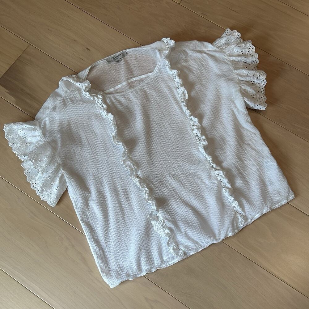 AllSaints Isa Tee Frilled Front Lace Flutter Short Sleeve Women’s Small - Picture 2 of 7